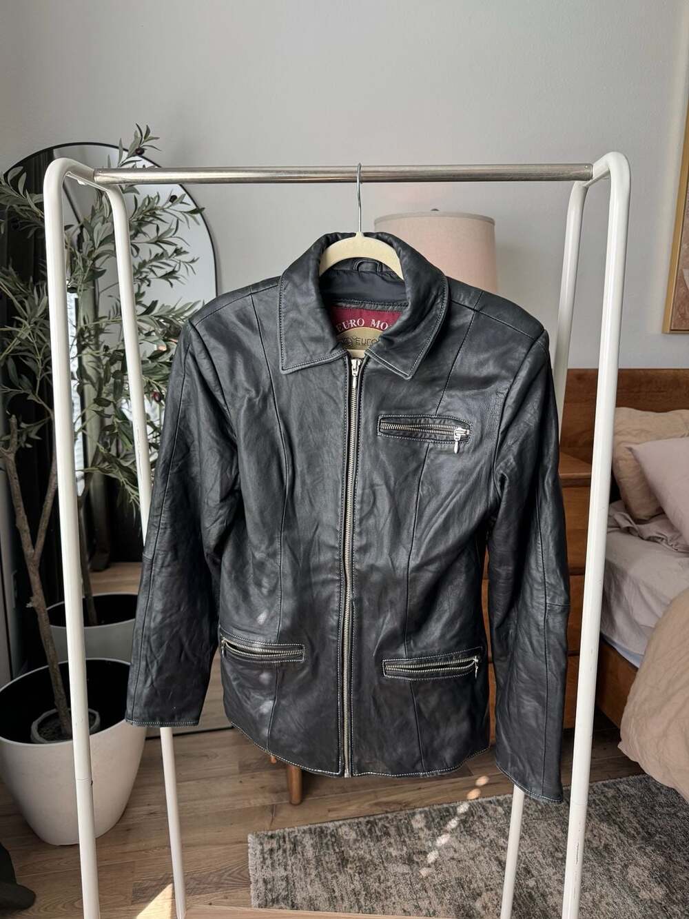 Euro Mond Black Leather Jacket Size M Zip Front Moto Biker Coat
